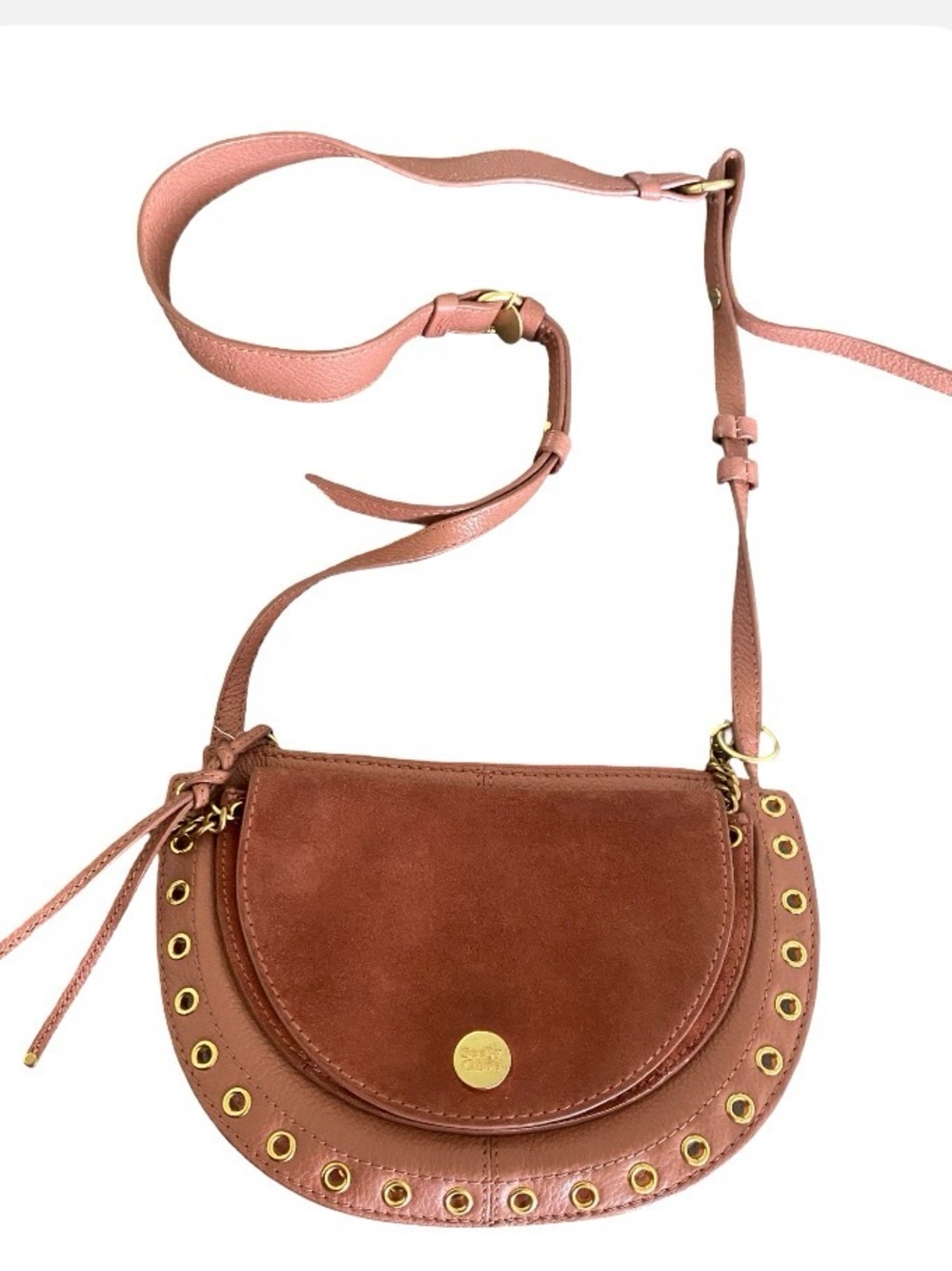 See By Chloe Dusty Pink & Tan Suede and Leather Crossbody with Gold Hardware